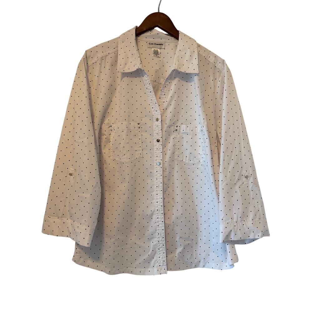 CD Daniels White Polka Dot Roll Sleeve Button Up, Women's Size 3x
